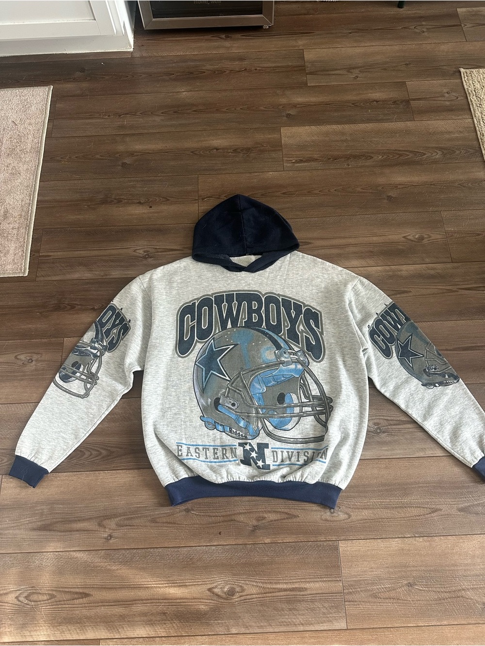 RARE 90s VTG Dallas Cowboys AOP Grey Eastern Division Pullover Hoodie L